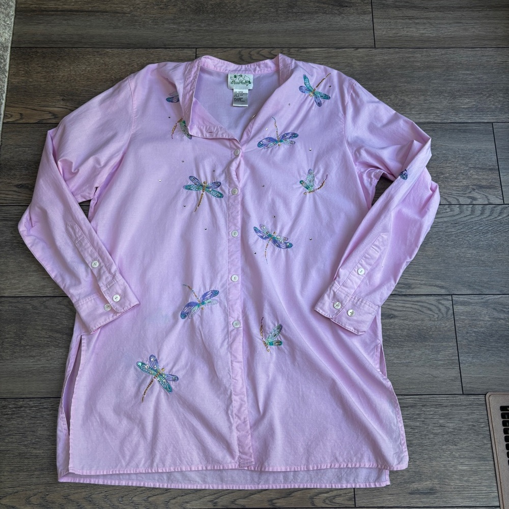 Quacker Factory Pink Tunic Button Down Embellished Dragonfly Shirt Sz Large